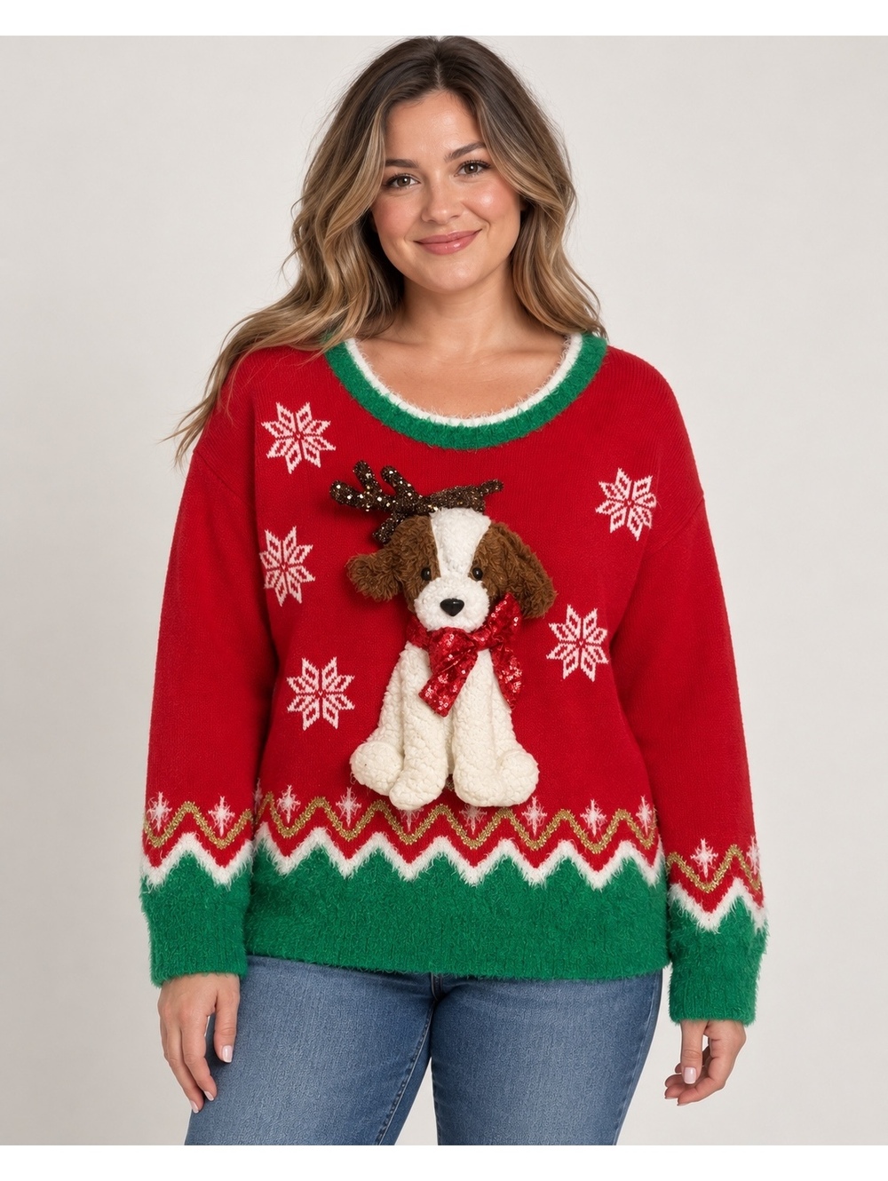 Christmas Sweater 3D Plush Dog Reindeer Red Green Snowflake Holiday Ugly Sweater